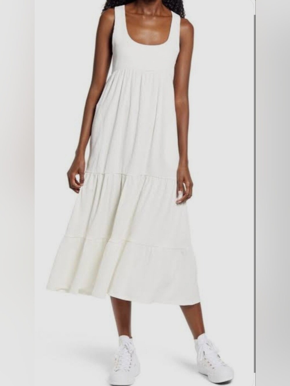 Free People Cream Scoop Neck Tiered Midi Dress